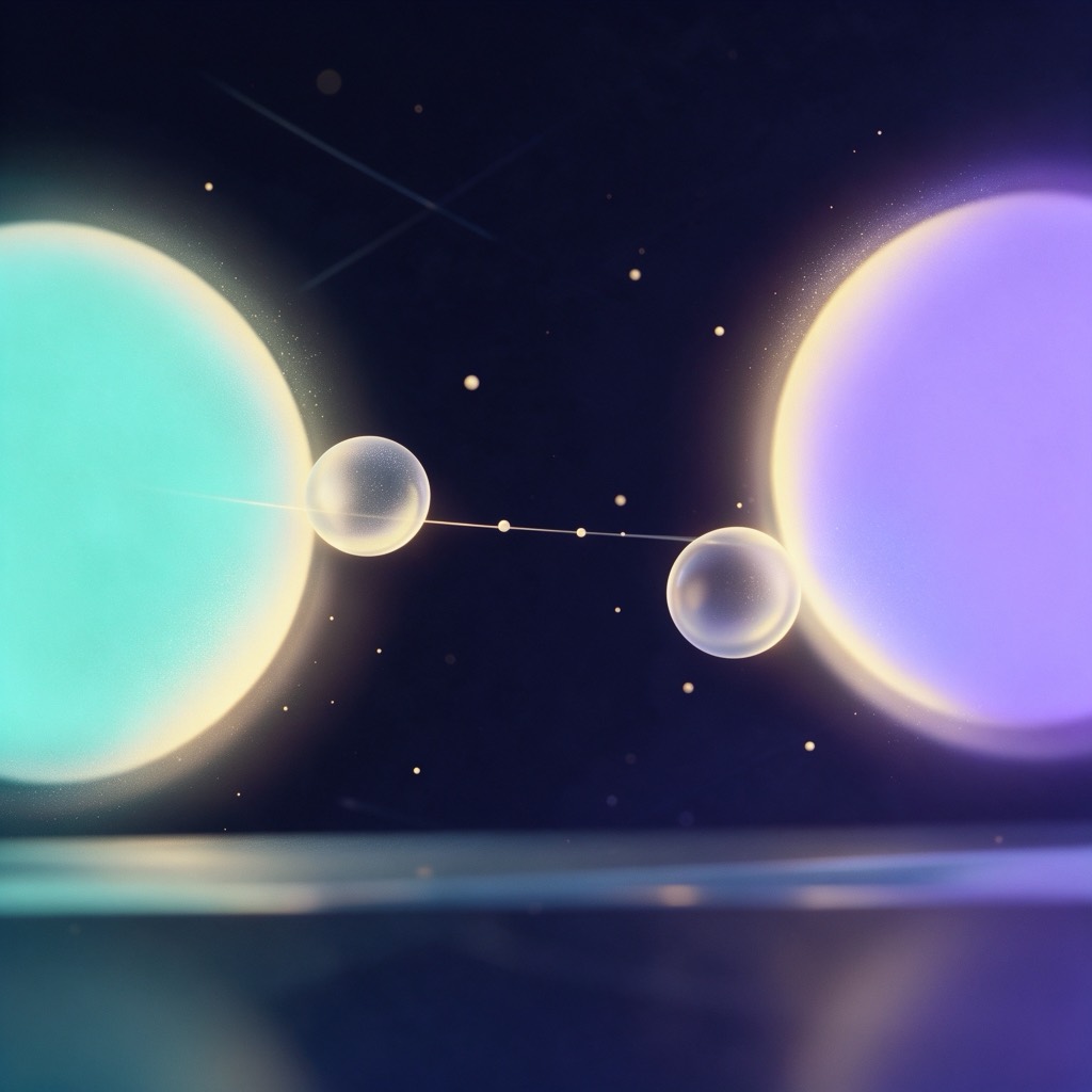 两颗星体之间水平对话光丝相连，两端各托一枚磨砂玻璃气泡光晕